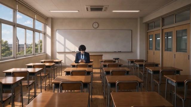 放課後の無人の教室に独りの湊