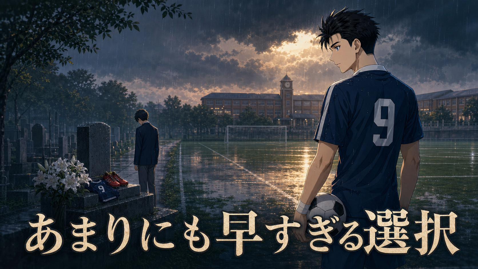 『あまりにも早すぎる選択』キービジュアル — 雨の校庭に立つ9番の少年と、墓前に立つ親友